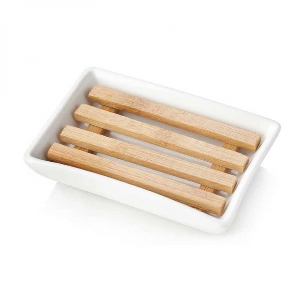 White Porcelain Soap Dish with Bamboo Grid